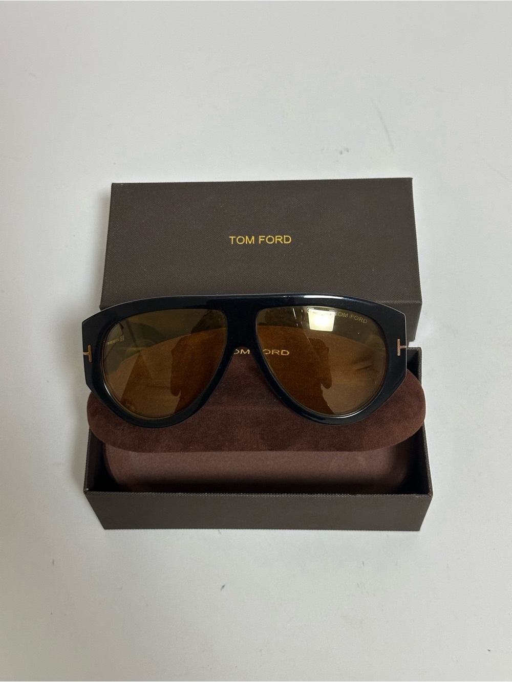Tom Ford Black Frame Sunglasses with Brown Lenses and Gold T Accents